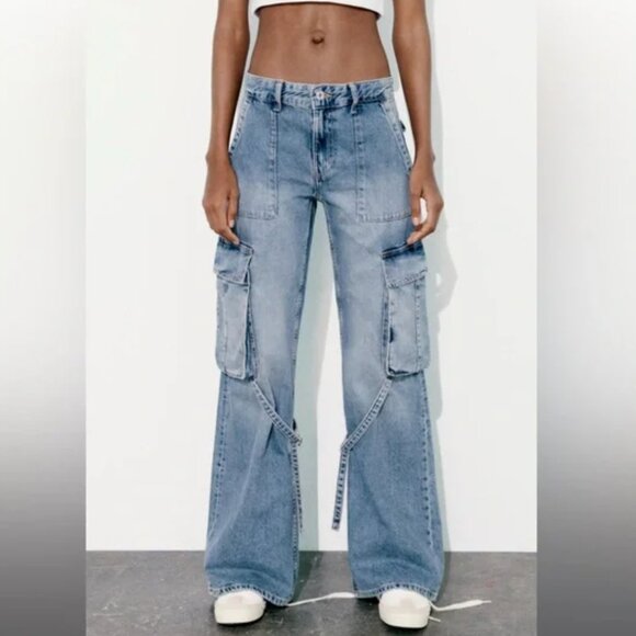 ZARA VIRAL TRF HEAVWEIGHT LOOSE CARGO JEANS MID RISE BELTED SIZE 0 - Picture 1 of 9